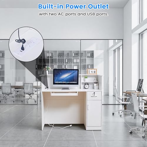 50" Reception Desk – Modern Front Desk with Lockable Drawer, Keyboard Tray, Storage Cabinet, Built-in Power Outlet, LED Lights & DIY Stripe – Ideal for Lobbies, Salons & Retail