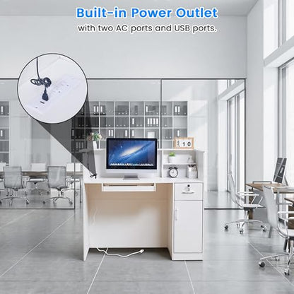 50" Reception Desk – Modern Front Desk with Lockable Drawer, Keyboard Tray, Storage Cabinet, Built-in Power Outlet, LED Lights & DIY Stripe – Ideal for Lobbies, Salons & Retail