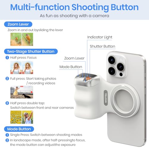 Magnetic Phone Camera Grip, Smartphone Shooting Holder Selfie Handle Snap with Wireless Shutter Button Remote for iPhone 16 15 14 13 12 Pro Max Android Cellphone Vlog Video Photography(White) - color: White
