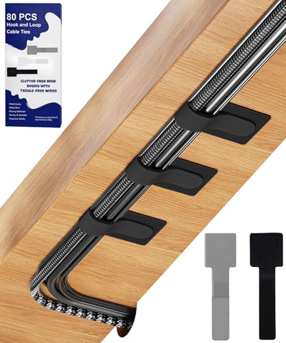 80PCS Hook and Loop Cable Ties, Under Desk Cable Management, Adhesive Cable Straps, Cord Management Hider Idea, Cord Organizer for Desk, Computer Accessories, Home Office Organization, Black+Gray - color: 40Pcs Black + 40Pcs Gray