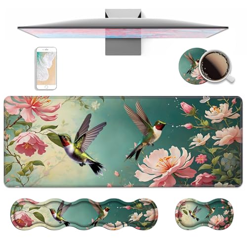 4 in 1 Ergonomic Keyboard Wrist Rest & Mouse Pad Wrist Rest Set, Large XXL Gaming Desk Mat 31.5"x 11.8" with Non-Slip Base, Memory Foam for Home Office Study Gaming, Hummingbird Flowers - color: Hummingbird Flowers