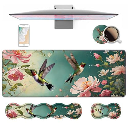 4 in 1 Ergonomic Keyboard Wrist Rest & Mouse Pad Wrist Rest Set, Large XXL Gaming Desk Mat 31.5"x 11.8" with Non-Slip Base, Memory Foam for Home Office Study Gaming, Hummingbird Flowers - color: Hummingbird Flowers