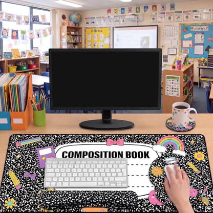Kingdder Composition Book Teacher Desk Mat Mouse Pad Set Include Large Desk Mat Pad with Wrist Rest Mouse Support, Keyboard Wrist Rest Coaster Back to School Classroom Teacher Appreciation Gift - style: Composition Book