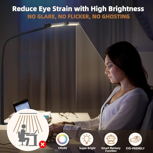 Motumen Led Desk Lamp for Home Office, Eye-Care Architect Light with Clamp, Smart Double Head Computer Monitor Table Clip Lamp, Adjustable Flexible Goose-Neck, 25 Lighting Models, Task Lamp, Black - color: Black