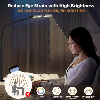 Led Desk Lamp for Home Office, Eye-care Architect Light with Clamp, Smart Double Head Computer Monitor Table Clip Lamp, Adjustable Flexible Goose-Neck, 25 Lighting Models, Task Lamp, White and Sliver - color: White and Sliver