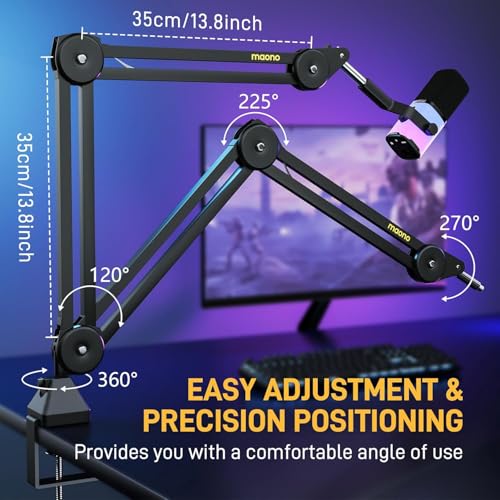 MAONO Microphone Boom Arm: Heavy Duty Adjustable Metal Suspension mic stand with Upgraded Desk Clamp and 3/8" to 5/8" Screw Adapter for Podcasting Recording Streaming Gaming - BA37