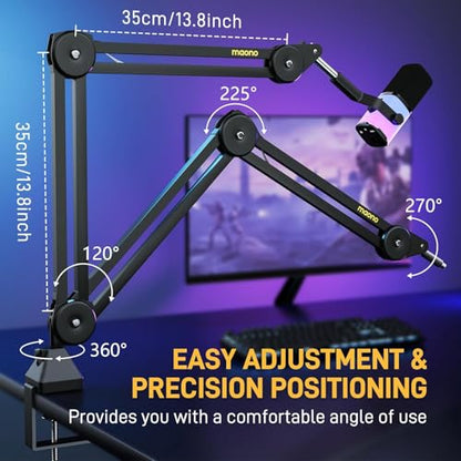 MAONO Microphone Boom Arm: Heavy Duty Adjustable Metal Suspension mic stand with Upgraded Desk Clamp and 3/8" to 5/8" Screw Adapter for Podcasting Recording Streaming Gaming - BA37