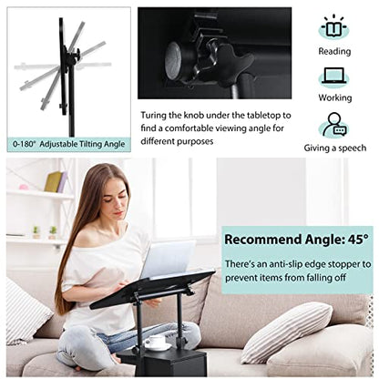 Tangkula Mobile Laptop Podium, Height Adjustable Sit to Stand Desk with Tilting Desktop & Storage Cabinet, Ergonomic Rolling Lectern Cart Laptop Desk, Office Podium Stand on Wheels - color: Black, size: 21.5" x 15.5" x 45"
