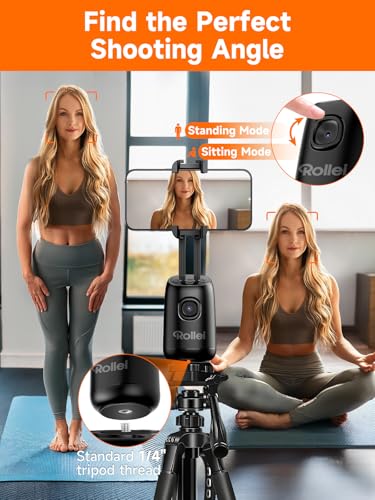 Rollei Auto Face Tracking Tripod, Desktop Smartphone Gimbal Stabilizer Phone Holder with AI Track for iPhone/Android Stand for Filming Streaming Tiktok Video Vlog | Mobile Stand with Motion Sensor for Tiktok Live Streaming Video Vlog Recording, Tripod Pho