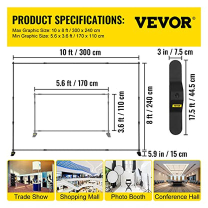 VEVOR Backdrop Stand 10 x 8 Ft, Height Adjustable Background Stand with 1 Carrying Bag, Photo Backdrop for Party Wedding Studio Trade Show - size: 10 x 8 Ft
