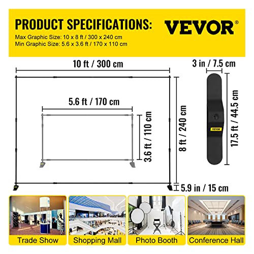 VEVOR Backdrop Stand 10 x 8 Ft, Height Adjustable Background Stand with 1 Carrying Bag, Photo Backdrop for Party Wedding Studio Trade Show - size: 10 x 8 Ft