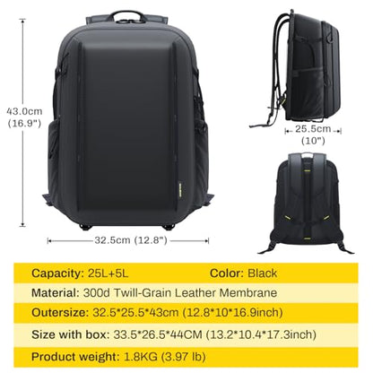 RaLeno Camera Backpack Bag, 22L+5L (Expandable Compartment) Waterproof Camera Case with Quick-Access Side Pocket for DSLR SLR Mirrorless Camera Compatible with DJI Mavic Drone/16 Laptop/Tripod Holder
