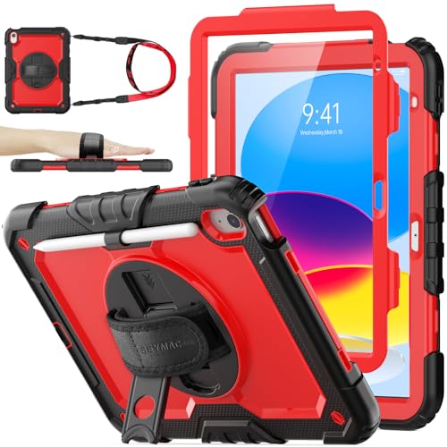 SEYMAC stock Case for iPad (A16) 11th/10th Generation 11''/10.9'' 2025/2022, Full-Body Drop Protection Case with Screen Protector &360° Rotate Hand Strap/Stand, Red+SiliconeBlack - color: Red+SiliconeBlack, size: Case for iPad (A16) 11th/10th Generation 1