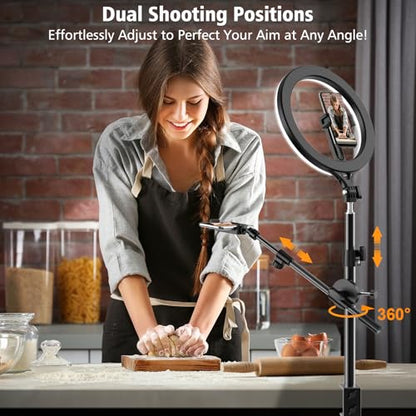 Ring Light with Stand and Phone Holder, Overhead Phone Mount, Phone Stand for Recording, 11” Circle LED Ring Light for Desk with Clamp for Live Streaming, Video Recording, Meeting, TikTok, YouTube