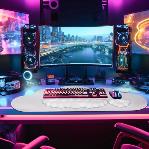 JIKIOU Ergonomic Keyboard Wrist Rest &Large Mouse Pad&Mouse Wrist & Cup Pad | Cute Cloud Shape, 4 in 1 Memory Foam Desk Mat, Ultra-smooth Surface, Savior of Wrist Pain, Anti-slip Rubber Base, Waterproof - color: 02White