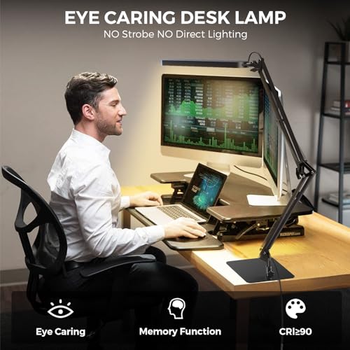 SKYLEO LED Desk Lamp with Slim Base - Adjustable Swing Arm Desk Light, Dimmable, Timer, Eye Protection, Memory Function, 1300LM, 12W, Black - style: Black swing arm with Base