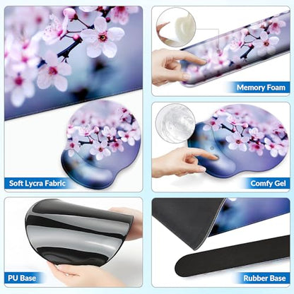 Desk Mat Set + Keyboard and Mouse Pad with Wrist Rest Support,4-in-1 Large Mousepad Computer Mats for Desktop Home & Office-Cherry Bloosom - color: L1-Cherry Blossom