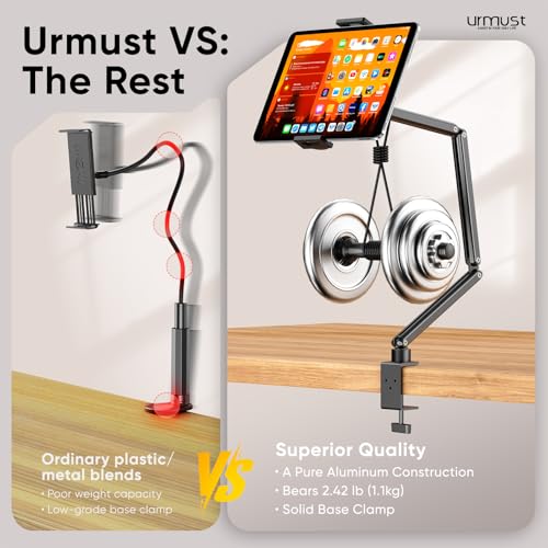 Urmust Tablet Stand for Desk, Adjustable iPad Holder for Bed, 360° Rotation, Sturdy Aluminum Tablet Arm Mount for 4.7"-15.6" iPad Pro/Air/Mini, iPhone, Galaxy Tab, for Kitchen, Work, Video Call - size: 3 Arm-Up to 15.6"