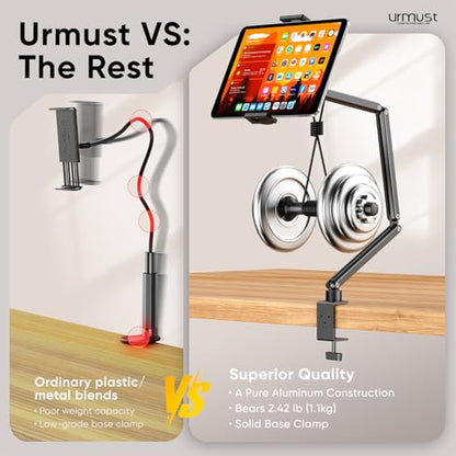 Urmust Tablet Stand for Desk, Adjustable iPad Holder for Bed, 360° Rotation, Sturdy Aluminum Tablet Arm Mount for 4.7"-15.6" iPad Pro/Air/Mini, iPhone, Galaxy Tab, for Kitchen, Work, Video Call - size: 3 Arm-Up to 15.6"