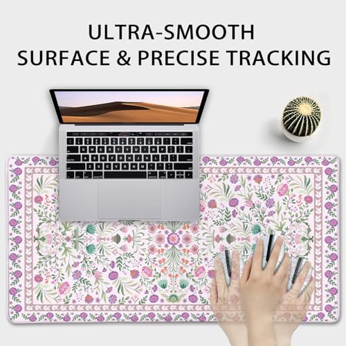 Purple Floral Desk Mat, 31.5"x15.7" Large Mouse Pad, Anti-Slip Rubber Base Keyboard Pad with Stitched Edges, Water-Resistant Smooth Desk Blotter, Computer Mat for Home Office Desk - color: Purple Floral
