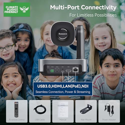 Tenveo 4K NDI PTZ Camera, AI Humanoid & Face Auto-Tracking, 12X Optical Zoom Wide Angle, USB3.0/HDMI/LAN PoE IP Live Streaming for Church Video Conference Broadcast YouTube OBS - color: Classic Silver