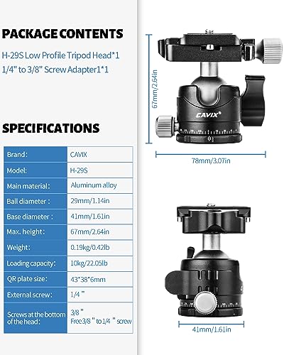 Low Profile Ball Head, CAVIX H-29S Camera Tripod Head Metal Ball Head with Arca Swiss Quick Release Plate Bubble Level Load Capacity 22 Lbs/10kg… - size: Ball Dia. 29mm