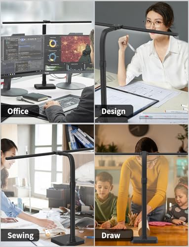 AKRRYR LED Desk Lamp for Home Office, Double Head 24W with Base, Architect Light 5 Lighting Brightness Flexible Gooseneck Table Reading Study, Black - color: Black-Desktop