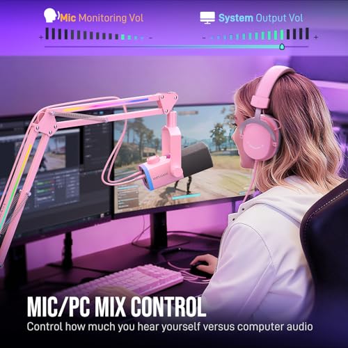 FIFINE XLR/USB Gaming Microphone Kit with Boom Arm Stand, RGB Streaming Mic for Computer Compatible with PC/PS4/PS5, Podcast Mic Set with Headphone Jack, Volume Knob, Mute-AmpliGame AM8PROT Pink - color: Pink