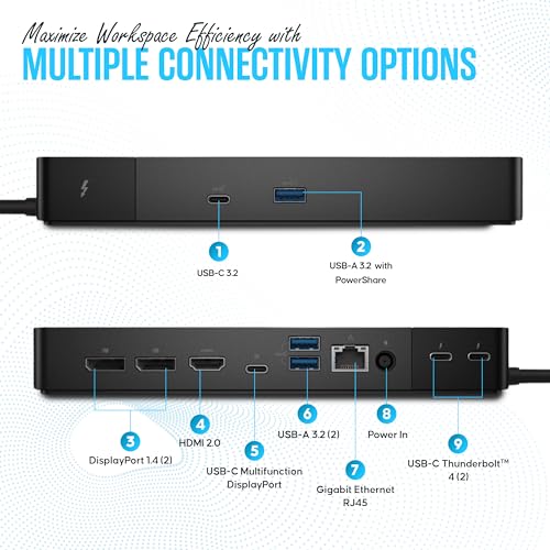 WD22TB4 Dell Thunderbolt 4 Dock 40Gbps USB-C/USB-A 1 Year Warranty - Docking Station with 180W, HDMI, DisplayPort Cables & Cleaning Cloth – Supports Dual/Triple Monitors & 4K Displays