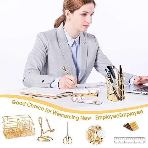 KAAKOW Gold Desk Organizers and Accessories Office Supplies Set Stapler, Pen Holder, Phone Holder, Scissors, Pen, Ruler, 30 Paper Clips, 22 Binder Clip, 20 Tacks and 1000pcs Staples (Gold) - color: Gold