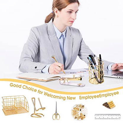 KAAKOW Gold Desk Organizers and Accessories Office Supplies Set Stapler, Pen Holder, Phone Holder, Scissors, Pen, Ruler, 30 Paper Clips, 22 Binder Clip, 20 Tacks and 1000pcs Staples (Gold) - color: Gold