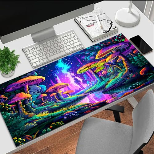 Mushroom Forest Gaming Mouse Pad, Blacklight Fantasy Tree Plants Waterproof Large Mouse Mat, 31.5" x 11.8" Glowing Extended Non-Slip Rubber Base, Office & Home Keyboard Pad - color: Mushroom Tree