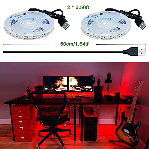 USB Red 620-625nm LED Strip Light 5V USB Powered 13.12ft/4M 240LEDs Flexible SMD2835 High Brightness No-Waterproof IP20 LED Tape Lights(2pcs x 6.6ft) - color: Red