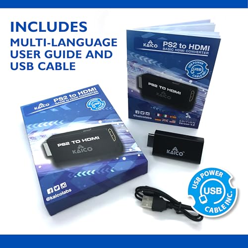 Kaico PS2 to HDMI Adapter for PlayStation 2, Plug & Play HDMI Converter | Supports 480i, 480p, 576i, 576p and 1080i output, with built-in audio, Micro USB power cable, clear video and audio