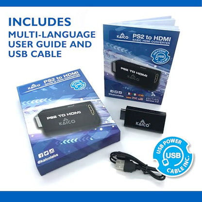 Kaico PS2 to HDMI Adapter for PlayStation 2, Plug & Play HDMI Converter | Supports 480i, 480p, 576i, 576p and 1080i output, with built-in audio, Micro USB power cable, clear video and audio