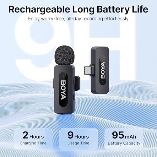 BOYA BY-V10 Wireless Microphones for iPhone 17/16/15 & Android/Laptop with USB-C Port, 328ft Range, 9H Battery Life, Noise Reduction Mini Mic Clip on Lapel Microphone Wireless for Video Recroding - size: 1TX+USB-C RX