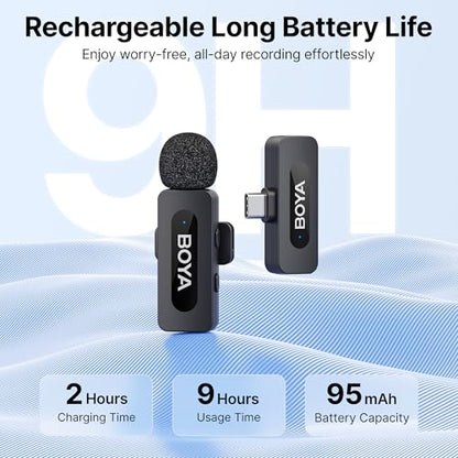 BOYA BY-V10 Wireless Microphones for iPhone 17/16/15 & Android/Laptop with USB-C Port, 328ft Range, 9H Battery Life, Noise Reduction Mini Mic Clip on Lapel Microphone Wireless for Video Recroding - size: 1TX+USB-C RX