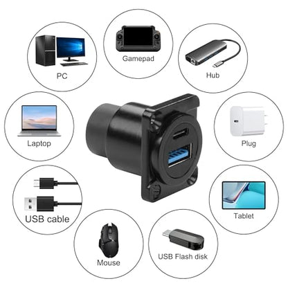 XMSJSIY USB 3.0 Type-C D-Type Panel Mount Coupler USB 3.0 A/Type C 20V3A 60W Female to Female Solderless Connector Chassis Panel Socket Data Transmission Extension Adapter (D-Type) - style: D-Type