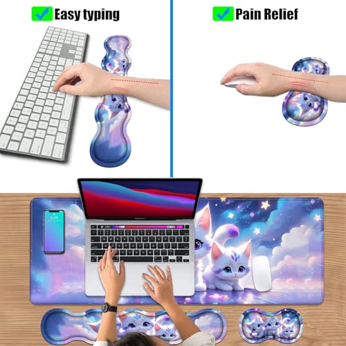 4 in 1 Ergonomic Keyboard Wrist Rest & Mouse Pad Wrist Rest Set, Large XXL Gaming Desk Mat 31.5"x 11.8" with Non-Slip Base, Memory Foam for Home Office Study Gaming, Cute Cat - color: Cute Cat