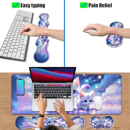 4 in 1 Ergonomic Keyboard Wrist Rest & Mouse Pad Wrist Rest Set, Large XXL Gaming Desk Mat 31.5"x 11.8" with Non-Slip Base, Memory Foam for Home Office Study Gaming, Cute Cat - color: Cute Cat