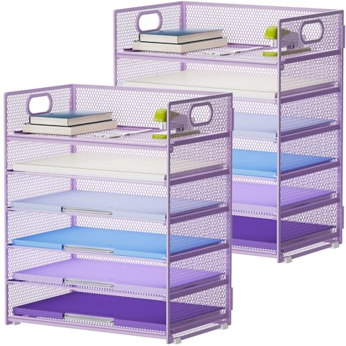 Marbrasse 2 Pack Desk Organizer with Handle, 6 Tier Paper Letter Tray, Mesh Desk File Organizer for Office, School and Home - Purple - color: 2 Pack - Purple