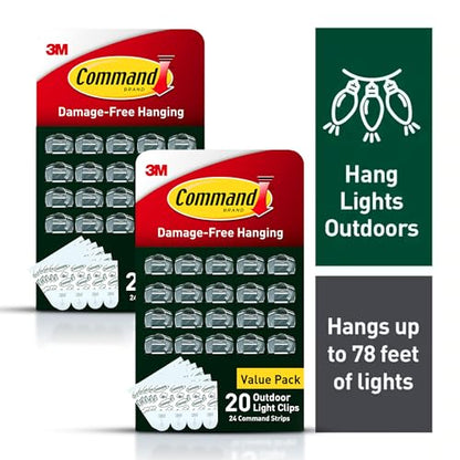 Command Outdoor Light Clips, 40 Clear and 48 Strips, Damage Free Hanging with Weather Resistant Strips, Wall Clips for Hanging Outdoor Lights and Cable Management - size: 2 Pack