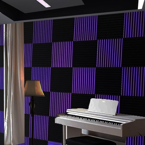 52 Pack Purple Black 1" x 12" x 12" Acoustic Wedge Studio Foam Sound Absorption Wall Panels - color: Purple/Black