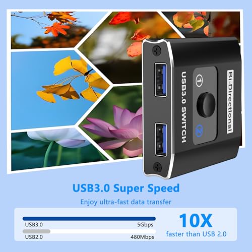 USB 3.0 Switch, Bi-Directional USB Switcher USB Splitter 1 in 2 Out/2 in 1 Out with 2 USB3.0 Cables, Aluminum USB Switcher 2 Computers Share Keyboard Mouse Printer, USB Splitter for Laptop