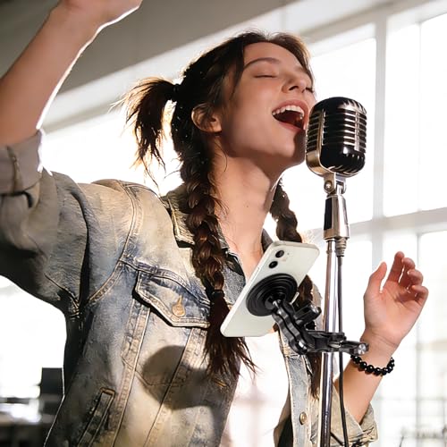 Facmogu Magnetic Phone Holder for Mic Stand, All-Metal 360° Rotatable Magnet Phone Mount with Clamp, Clip Phones Mount for Microphone & Music Stands, Compatible with Magsafe & iPhone 17/16/15/14/13/12