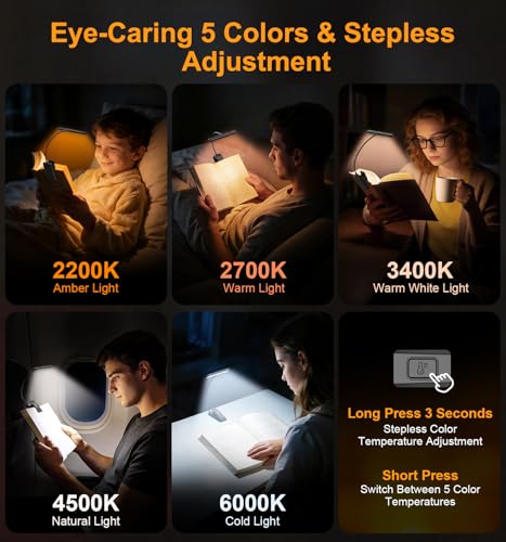 Gritin 2026 Gen 2 Book Light for Reading- 32 Eye Caring Full Spectrum LED | 5 Colors & 5 Brightness, Adjustable Wide/Narrow Beam, Upgrade 1500mAh Long-Lasting Rechargeable Clip on Light for Book Lovers - color: Black