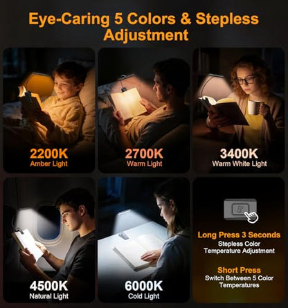 Gritin 2026 Gen 2 Book Light for Reading- 32 Eye Caring Full Spectrum LED | 5 Colors & 5 Brightness, Adjustable Wide/Narrow Beam, Upgrade 1500mAh Long-Lasting Rechargeable Clip on Light for Book Lovers - color: Black