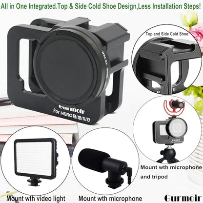Metal Protective Case for Go Pro Hero 13/12/11/10/9 Black, Upgraded Aluminum Alloy Back Door Housing Frame Video Cage, with 2 Cold Shoe Mount and 52mm Filter