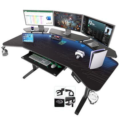 JWX Dual Motor Standing Gaming Desk with Aluminum Alloy Led Lights, 72'' Wing Shaped Large Gaming Studio Music Desk with Slot Design Shelves, for Streamer, Social Media Influencer & Music Recording - size: Wing Shaped-Black