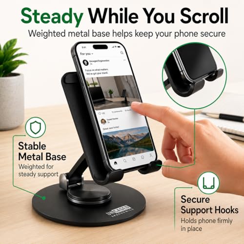 Uncaged Ergonomics 360° Swivel Rotating Adjustable Phone Stand for Desk, Portable & Foldable Cell Phone Stand for Desk, Compact Mobile Stand for Tabletop, Office, Kitchen & Bedroom (Black)